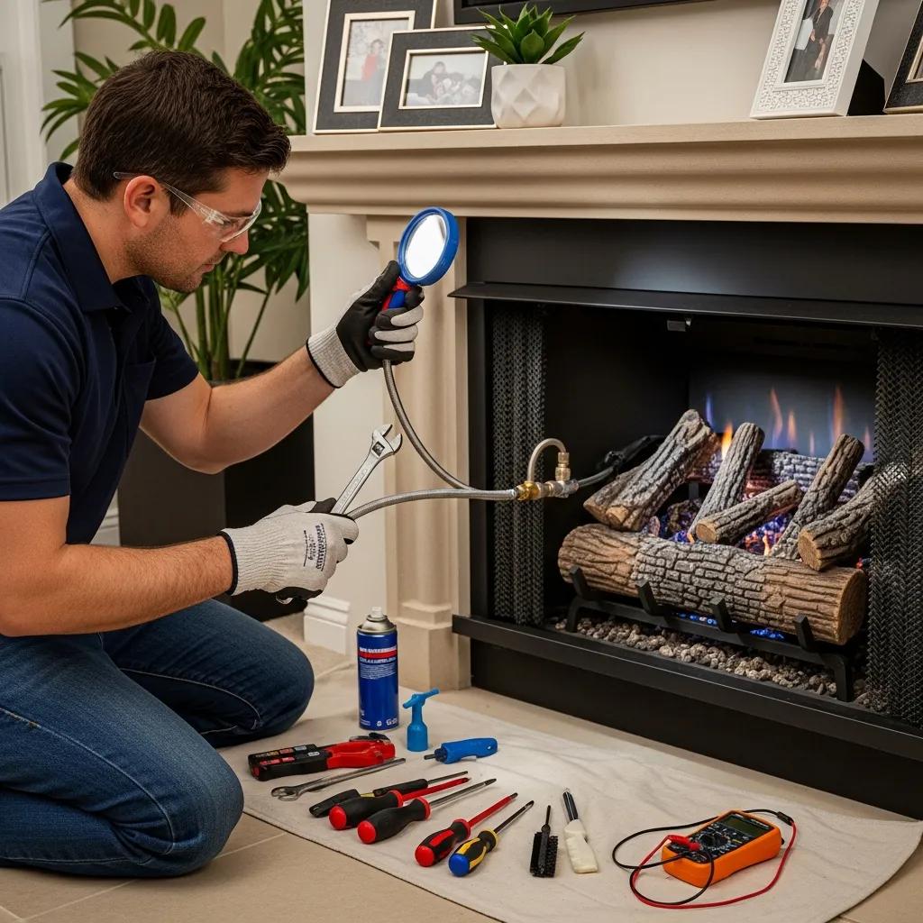 Technician inspecting a gas fireplace gas line and cleaning the burner
